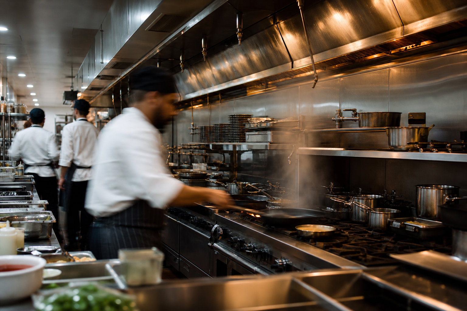 Commercial kitchen cookline during service